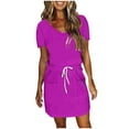 thumbnail image 1 of Moxiu Womens Summer Dress Casual Short Sleeve V Neck Sundress Loose Basic Solid Drawstring Waist Short Mini Dresses with Pockets 2025 Hot Pink,S, 1 of 5
