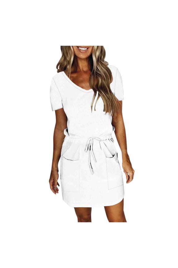 Womens Summer Dress Casual Short Sleeve V Neck Sundress Loose Basic Solid Drawstring Waist Short Mini Dresses with Pockets 2025 White,XXL