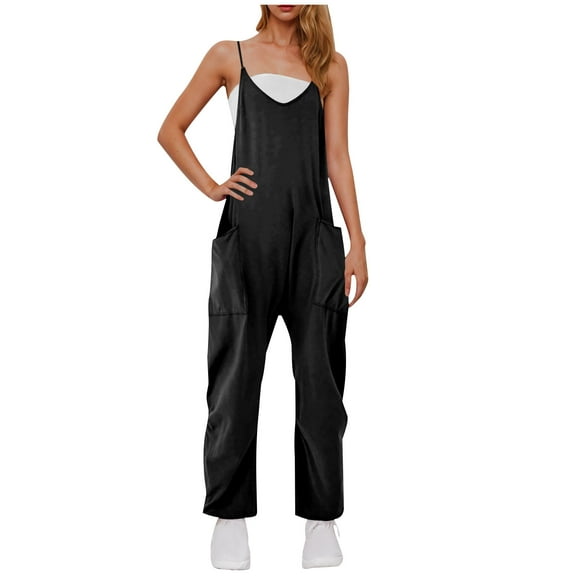 Moxiu Womens Summer Jumpsuits for Women 2025 One-Piece Casual Loose Long Pants V Neck Spaghetti Straps Sleeveless Baggy Overall Rompers with Pocket Black,S