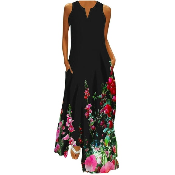 Moxiu Womens Summer Maxi Dress 2025 Casual V Neck Floral Sleeveless Sun Dress Trendy Beach Vacation Long Flowy Dresses with Pocket Black,S