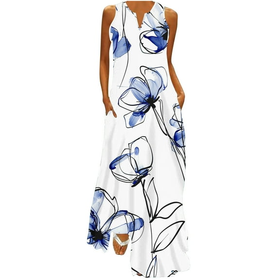 Moxiu Womens Summer Maxi Dress 2025 Casual V Neck Floral Sleeveless Sun Dress Trendy Beach Vacation Long Flowy Dresses with Pocket Blue,M
