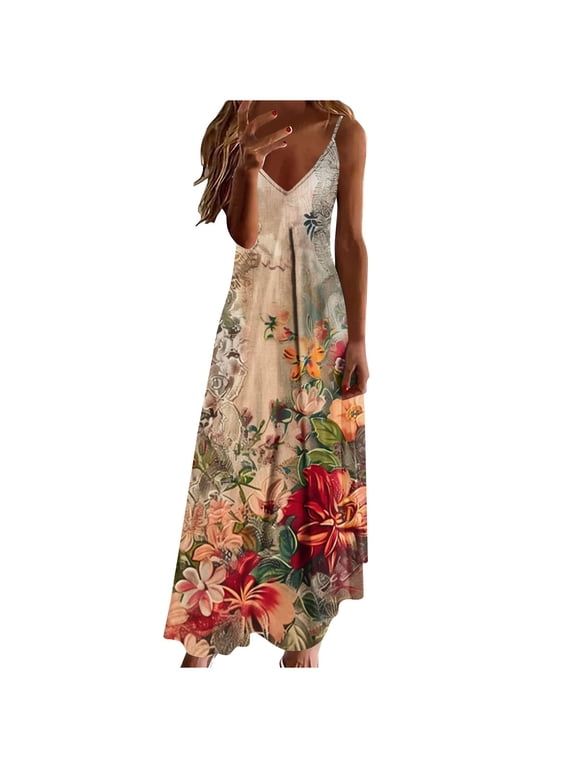 Womens Summer Maxi Dress Boho Spaghetti Strap Sundress 2026 Floral Spring Sun Dress V Neck Beach Vacation Dresses Cruise Resort