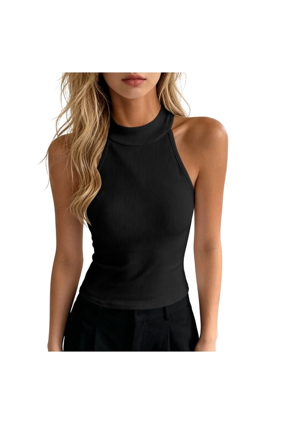 Womens Tank Tops Halter Crew Neck Sleeveless Ribbed Tank Summer Casual Basic Thick Strap Slim Fitted Racerback Top Shirts Black,XL