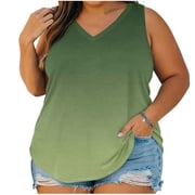 Moxiu Womens Tank Tops Plus Size Summer Sleeveless V Neck Tie Dye T-Shirts Gradient Color Top Casual Tees Tunic Shirt Green,M