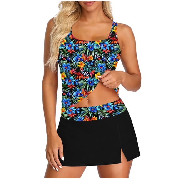 Moxiu Womens Tankini Swimsuits with Skirt Floral Print Two Piece Beach Modest Bathing Suits with Pockets Tummy Control Swimwear