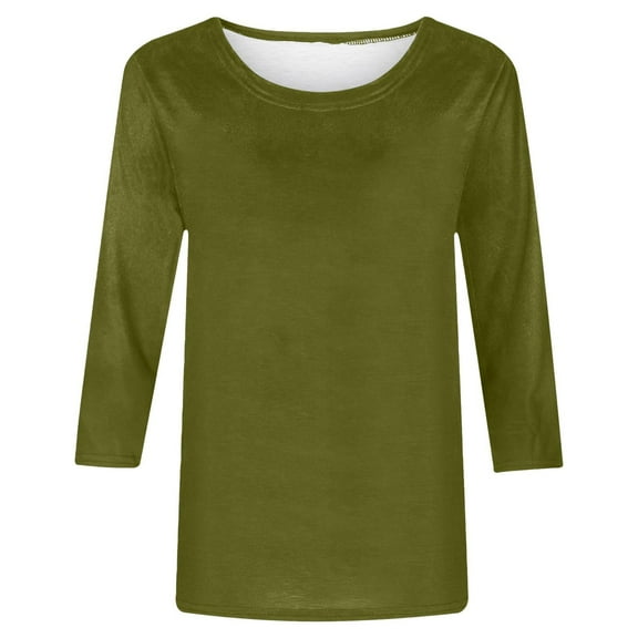 Moxiu Womens Tops 3/4 Sleeve Shirts Round Neck Loose Casual Blouses Solid Color Tshirts Dressy Three Quarter Sleeve Crewneck Plain Tunic Top 2025 Army Green,S