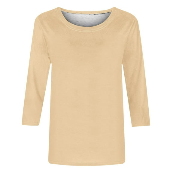 Moxiu Womens Tops 3/4 Sleeve Shirts Round Neck Loose Casual Blouses Solid Color Tshirts Dressy Three Quarter Sleeve Crewneck Plain Tunic Top 2025 Khaki,XXL