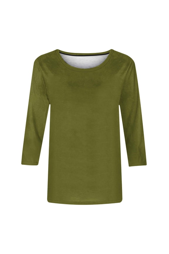 Womens Tops 3/4 Sleeve Shirts Round Neck Loose Casual Blouses Solid Color Tshirts Dressy Three Quarter Sleeve Crewneck Plain Tunic Top 2025 Army Green,XXXXL