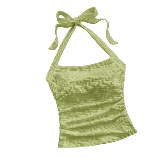 Moxiu Womens Tops Ruched Halter Neck Y2K Crop Tops Tie Back Sleeveless Slim Fit Cami Top Teen Girls Textured Square Neck Shirts Yellow,S