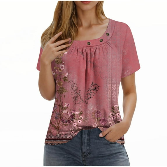 Moxiu Womens Tops Short Sleeve Square Neck Button Pleated Boho Floral Printed Vintage T Shirts 2025 Summer Casual Graphic Blouse Wine,XXXL