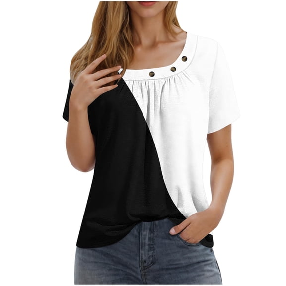 Moxiu Womens Tops Short Sleeve Square Neck Button Pleated Geometry Printed Vintage T Shirts 2025 Summer Casual Graphic Blouse Black,M