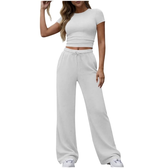 Moxiu Womens Two Piece Outfits Lounge Sets Loose Wide Leg Sweatpants Summer Short Sleeve Crop Top Matching Travel Tracksuit 2026 Gray,XXL
