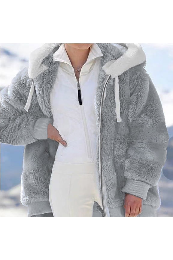 Womens Winter Sherpa Jackets for Women Fuzzy Fleece Teddy Coat Color Block Faux Shearling Cardigan Jacket Warm Hooded Zip Up Coats Outwear 2024 Gray,XXXL