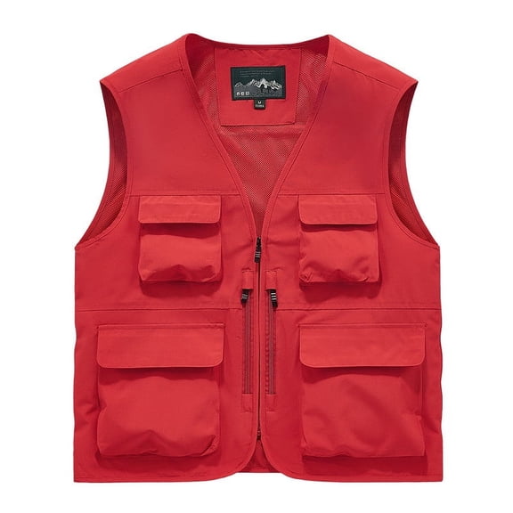 Moxiu Work Vest for Men Breathable Mesh Zip Cargo Vest,Men Casual Multi-Pocket Vest,Outdoor Hiking Fishing Cargo Vest Jacket Red,XXL