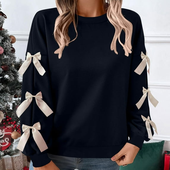 Moxiu Y2K Cozy Oversized Bow Sweater Women Vintage Holiday Long Sleeve Crew Neck Winter Pullover Top Navy,M