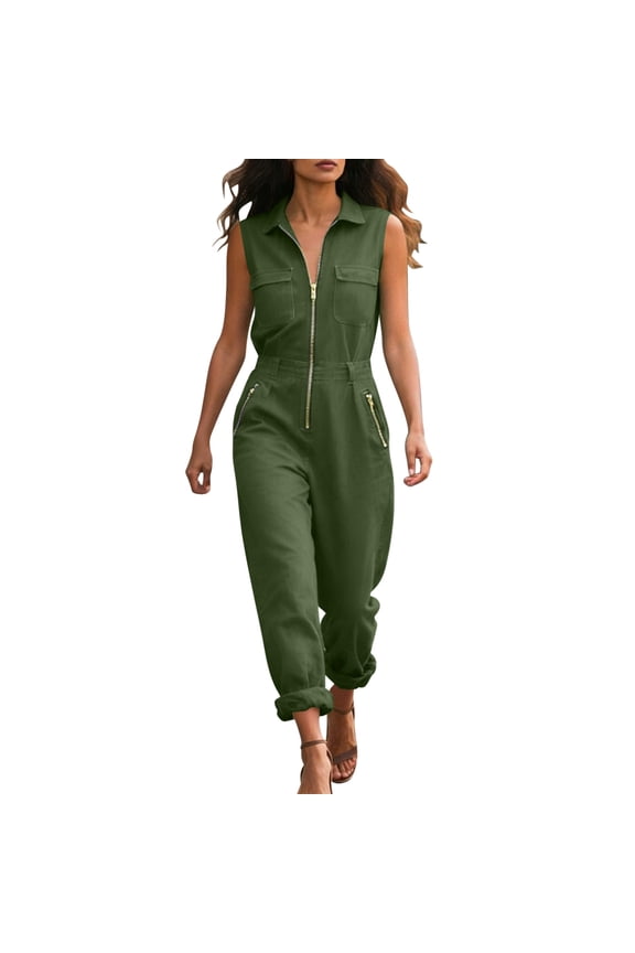Zip up Cargo Jumpsuit for Women Dressy Casual Summer One Piece Rompers Collared Long Pants with Utility Pocket Overall 2026 Green,S