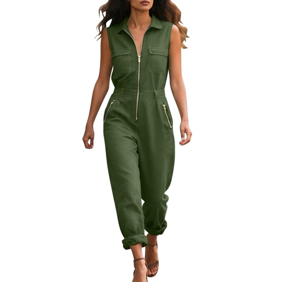 Moxiu Zip up Cargo Jumpsuit for Women Dressy Casual Summer One Piece Rompers Collared Long Pants with Utility Pocket Overall 2026 Green,XXXL