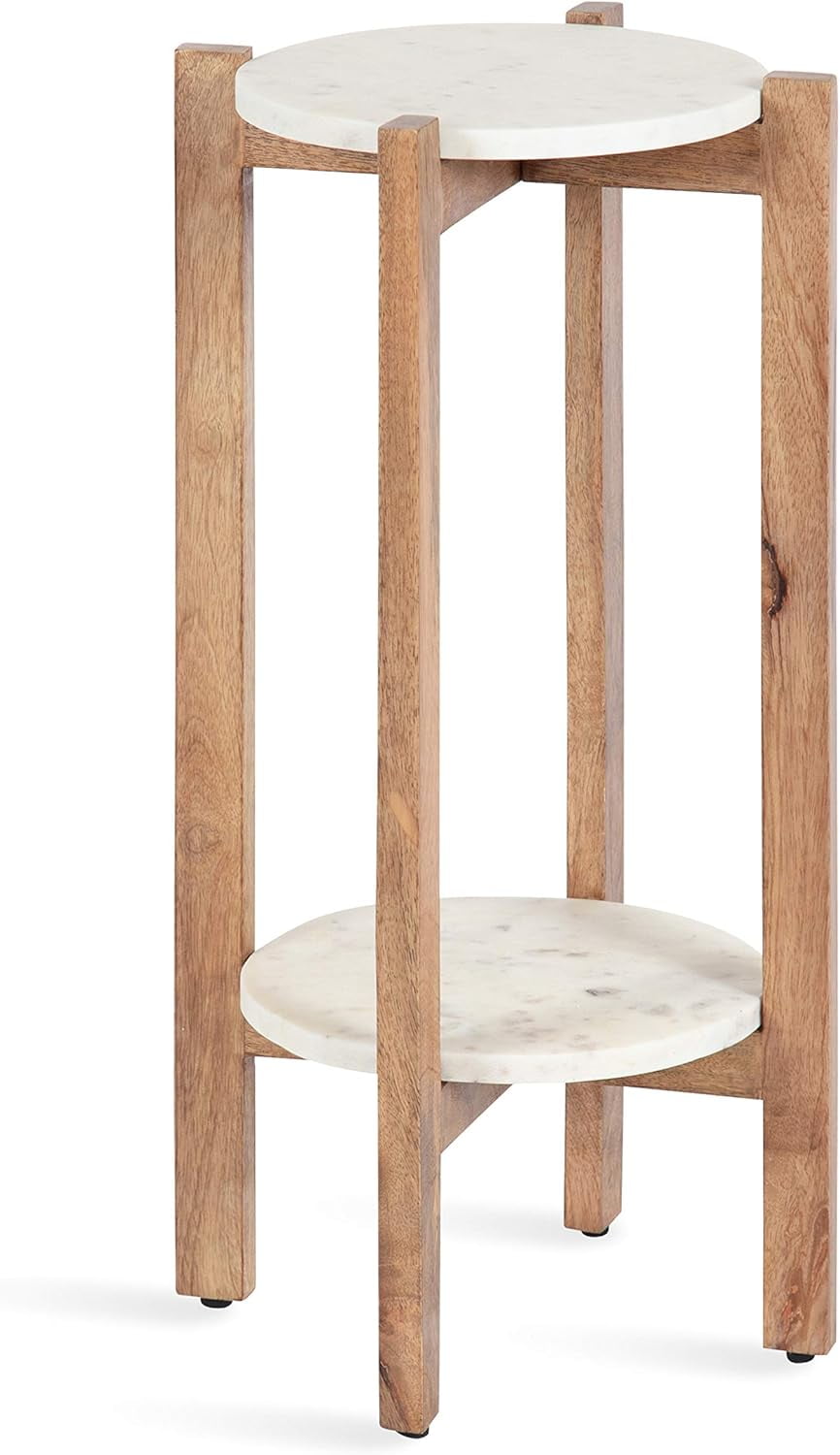 Natural Mango Wood and White Marble Round Two-Tier End Table