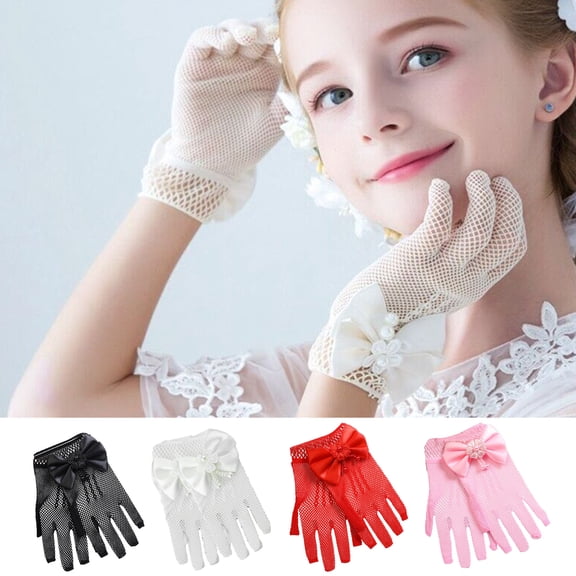 Moxufan 1 Pair Children Gloves Hollow Out Mesh Bow Decor Faux Pearl Five Fingers Photo Prop Thin Breathable Wedding Gloves Clothes Accessories,Black