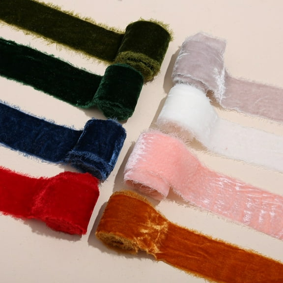 Moxufan 1 Roll Velvet Ribbon Frayed Edge Solid Color Ribbon Rustic Style Fringe Boho Gift Wrapping Ribbon for Bouquet Xmas Tree,Green 1