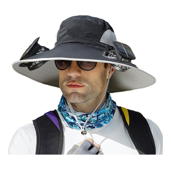 Moxufan 1 Set Outdoor Sun Hat with 2 Fan Large Brim Windproof Strap Solar or USB Charging Anti-UV Sun Protection Great Breathability Outdoor Fishing Camping Travel Cap,J