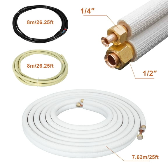 Moxufan 25 ft Mini Split Line Set for Fixed Frequency 1.5-2P Air Conditioner,1/4 1/2-inch OD White Thickened PE Insulated Coil HVAC Hose,Heat Pump System Tubing Replacement,1 Set