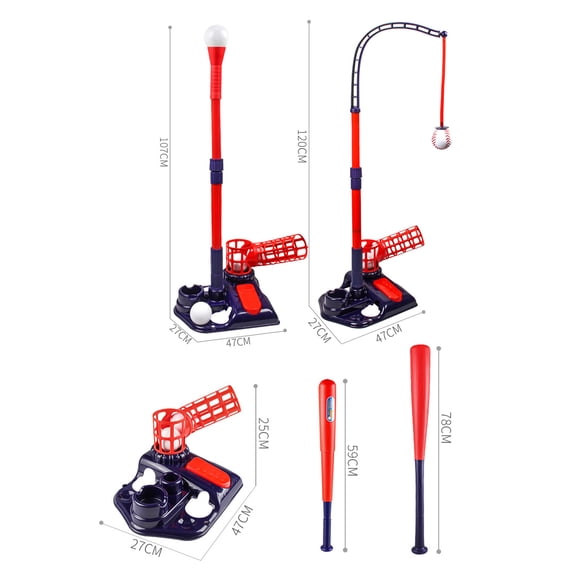 Moxufan 3-In-1 Baseball Tee Set with Pitching Machine Retractable Bat 6 Balls Adjustable Height Indoor Outdoor Sport Toy for Kids Age 3-12,Blue
