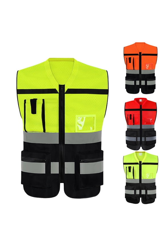 Men High-Visibility Reflective Vest V-neck Sleeveless Multi Pockets Design Waistcoat Clear ID Pocket Pen Holder Vest Coat,Yellow