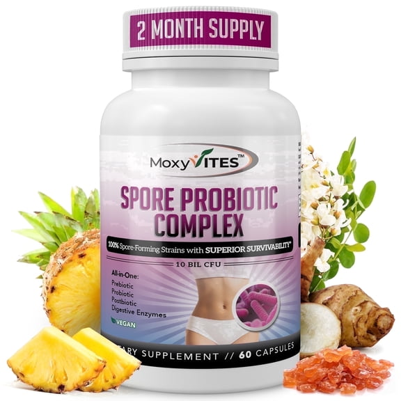 MoxyVites Spore Probiotic Complex with Prebiotics + Enzyme Blend, Shelf Stable, DNA-verified, Superior Spore-Based Bacillus Strains, 60 vegan Capsules