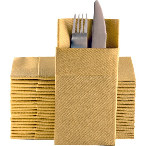 Moyes Home, Gold Pre-Folded Pocket Napkins, Linen-Feel Disposable Airlaid Napkins for Kitchen, Bathroom, Parties, Weddings, Dinners or Events , 8 x 4 Inches Folded Size, Pack of 50