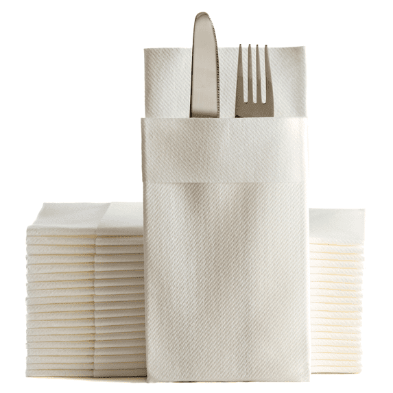 Moyes Home, White Pre-Folded Pocket Napkins, Linen-Feel Disposable Airlaid Napkins for Kitchen, Bathroom, Parties, Weddings, Dinners or Events , 8 x 4 Inches Folded Size, Pack of 50