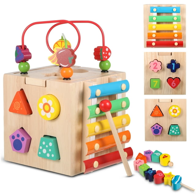 Moyic Wooden Activity Cube, 8in1 Montessori Toys for 12 Months