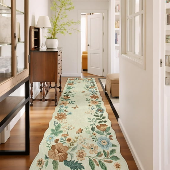 Moynesa 2'5''x10' Floral Runners for Hallways, 2.5x10ft Kitchen Runner Rug Ultra-Thin Soft Rug, Non-Slip Washable Rug Runner Stain Resistant Boho Rug Low-Pile Carpet Runner for Bathroom Bedroom,Beige