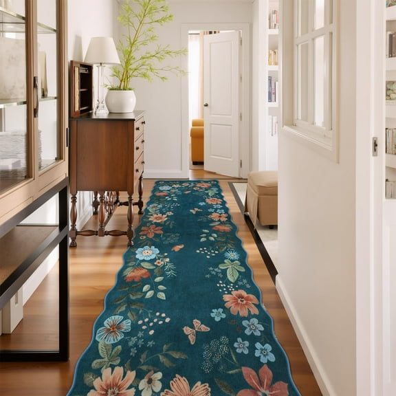 Moynesa 2'5''x10' Floral Runners for Hallways, 2.5x10ft Kitchen Runner Rug Ultra-Thin Soft Rug, Non-Slip Washable Rug Runner Stain Resistant Boho Rug Low-Pile Carpet Runner for Bathroom Bedroom,Blue