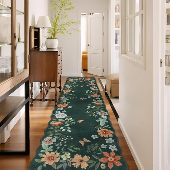 Moynesa 2'5''x10' Floral Runners for Hallways, Kitchen Runner Rug Ultra-Thin Soft Rug, Non-Slip Washable Rug Runner Stain Resistant Boho Rug Low-Pile Carpet Runner for Bathroom Bedroom,Dark Green