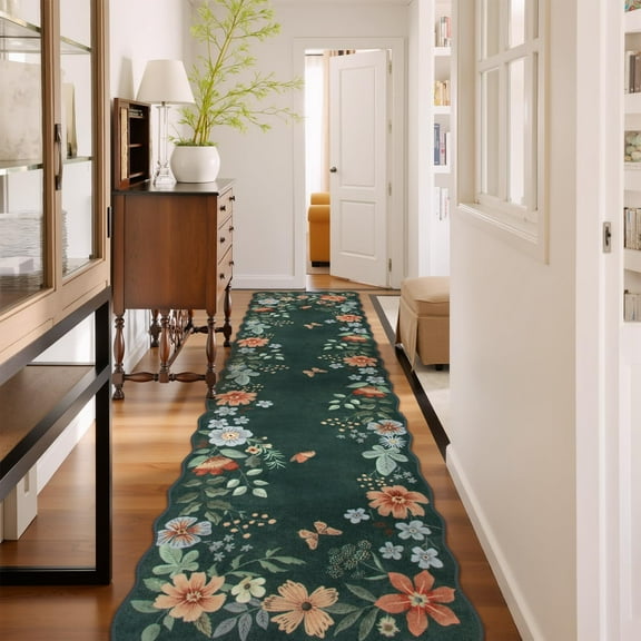 Moynesa 2'5''x10' Floral Runners for Hallways, Kitchen Runner Rug Ultra-Thin Soft Rug, Non-Slip Washable Rug Runner Stain Resistant Boho Rug Low-Pile Carpet Runner for Bathroom Bedroom,Dark Green