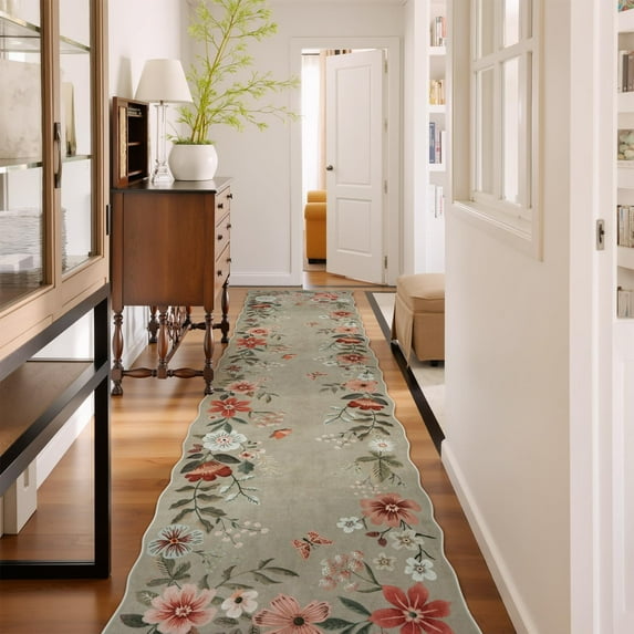 Moynesa 2'5''x10' Floral Runners for Hallways, Kitchen Runner Rug Ultra-Thin Soft Rug, Non-Slip Washable Rug Runner Stain Resistant Boho Rug Low-Pile Carpet Runner for Bathroom Bedroom,Coffee