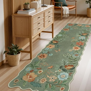 Moynesa 2'5''x8' Floral Runners for Hallways, 2.5x8ft Kitchen Runner Rug Ultra-Thin Soft Rug, Non-Slip Washable Rug Runner Stain Resistant Boho Rug Low-Pile Carpet Runner for Bathroom Bedroom,Green