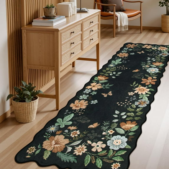 Moynesa 2'5''x8' Floral Runners for Hallways, 2.5x8ft Kitchen Runner Rug Ultra-Thin Soft Rug, Non-Slip Washable Rug Runner Stain Resistant Boho Rug Low-Pile Carpet Runner for Bathroom Bedroom,Black