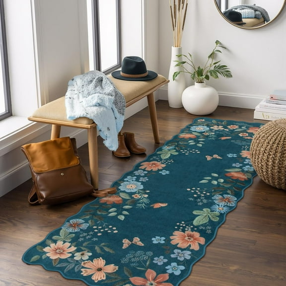 Moynesa 2'5''x8' Floral Runners for Hallways, 2.5x8ft Kitchen Runner Rug Ultra-Thin Soft Rug, Non-Slip Washable Rug Runner Stain Resistant Boho Rug Low-Pile Carpet Runner for Bathroom Bedroom,Blue