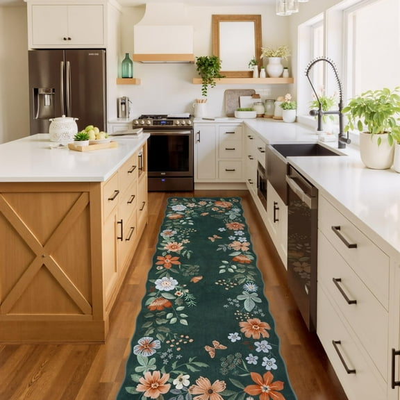 Moynesa 2'5''x8' Floral Runners for Hallways, Kitchen Runner Rug Ultra-Thin Soft Rug, Non-Slip Washable Rug Runner Stain Resistant Boho Rug Low-Pile Carpet Runner for Bathroom Bedroom,Dark Green
