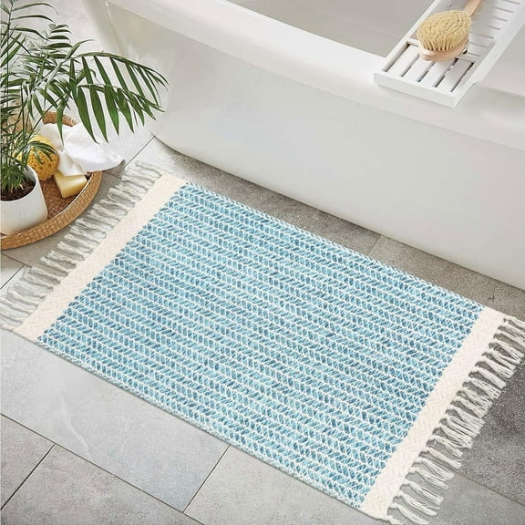 Moynesa 2'x3' Area Rug for Bedroom Small Washable Front Door Mat Indoor Woven Entry Rug with Tassels Boho Throw Rugs for Living Room Camper RV Gifts, Blue
