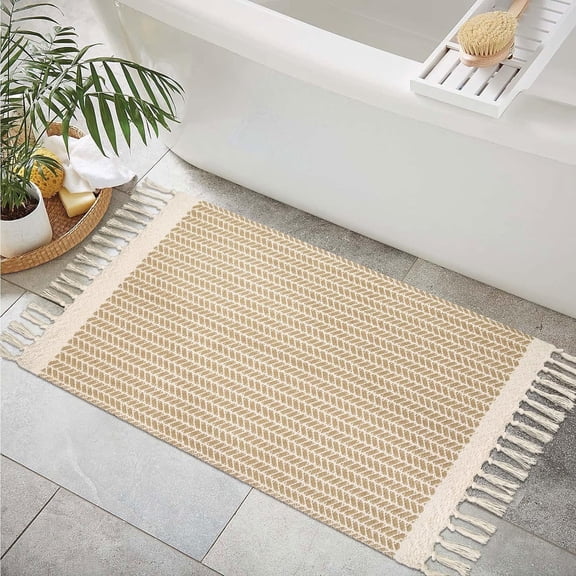 Moynesa 2'x3' Area Rug Small Washable Bathroom Rugs Boho Front Door Mat Woven Cotton Rug with Tassels Farmhouse Low Pile Carpet for Entry Laundry, Khaki