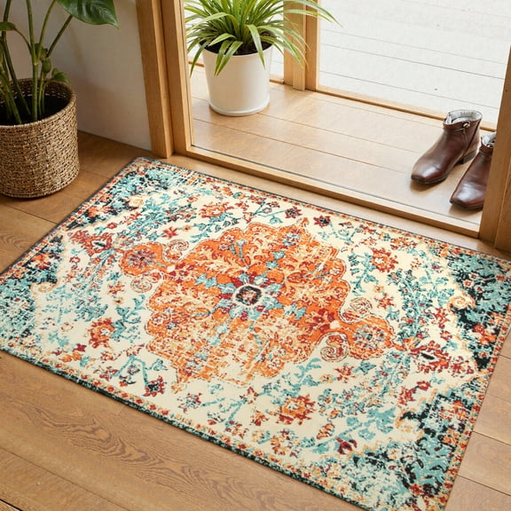 Moynesa 2'x3' Bohemian Area Rug, 2x3ft Small Boho Washable Bathroom Entryway Kitchen Rug,Floral Medallion Non Slip Pet Friendly Vintage Throw Carpet for Front Door Sink Living Room Bedroom, Orange