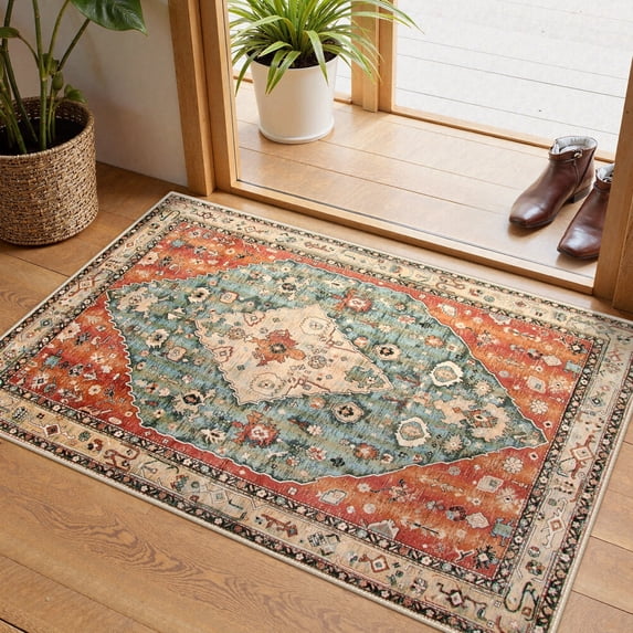 Moynesa 2'x3' Boho Tribal Area Rug, 2x3ft Small Entryway Rug Doormat Bohemian Faux Wool Non-Slip Washable Low-Pile Floor Carpet for Indoor Front Entrance Kitchen Bathroom, Red