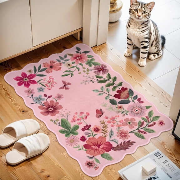 Moynesa 2'x3' Floral Rugs for Entryway, 2x3ft Washable Kitchen Rugs Ultra-Thin Soft Rug, Non Slip Indoor Door Mat Stain Resistant Boho Small Rug Low-Pile Throw Rug for Bathroom Bedroom,Pink