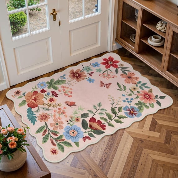Moynesa 2'x3' Floral Rugs for Entryway, Scalloped Washable Kitchen Rugs Ultra-Thin Soft, Non Slip Indoor Door Mat Stain Resistant Boho Small Rug Low-Pile Throw Rug for Bathroom Bedroom, Light Pink