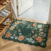 Moynesa 2x3 Floral Rugs for Entryway, Scalloped Washable Kitchen Rugs Ultra-Thin Soft, Non Slip Indoor Door Mat Stain Resistant Boho Small Rug Low-Pile Throw Rug for Bathroom Bedroom, Dark Green