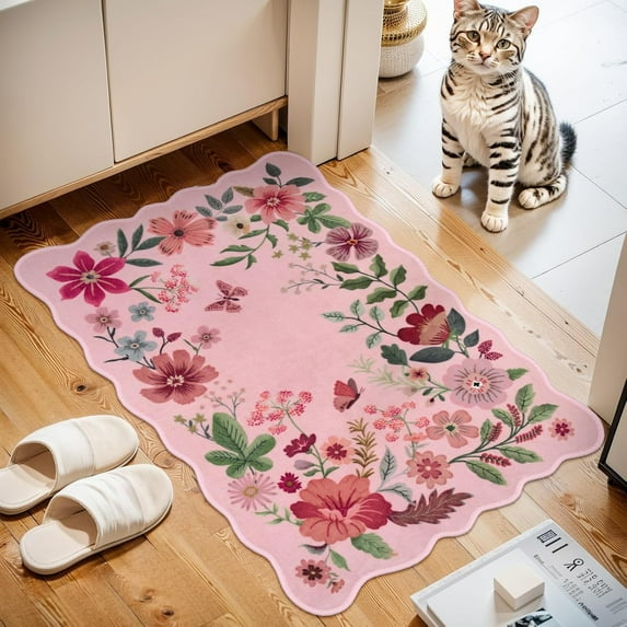 Moynesa 2'x3' Floral Rugs for Entryway, 2x3ft Washable Kitchen Rugs Ultra-Thin Soft Rug, Non Slip Indoor Door Mat Stain Resistant Boho Small Rug Low-Pile Throw Rug for Bathroom Bedroom,Pink
