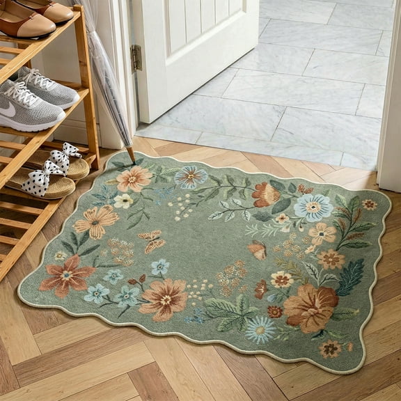 Moynesa 2'x3' Floral Rugs for Entryway, Scalloped Washable Kitchen Rugs Ultra-Thin Soft Rug, Non Slip Indoor Door Mat Stain Resistant Boho Small Rug Low-Pile Throw Rug for Bathroom Bedroom,Green